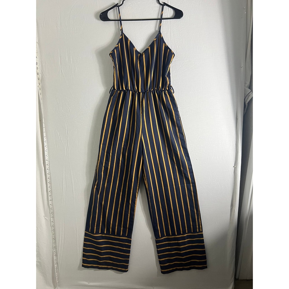 Purple Snow Striped Jumpsuit Navy Yellow Wide Leg Sleeveless Romper One Piece M